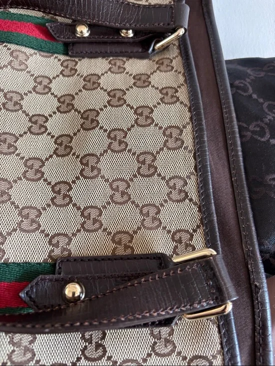Gucci Beige GG Canvas Tote with Green and Red Web Stripe and Dark Brown Trim - Picture 8 of 12